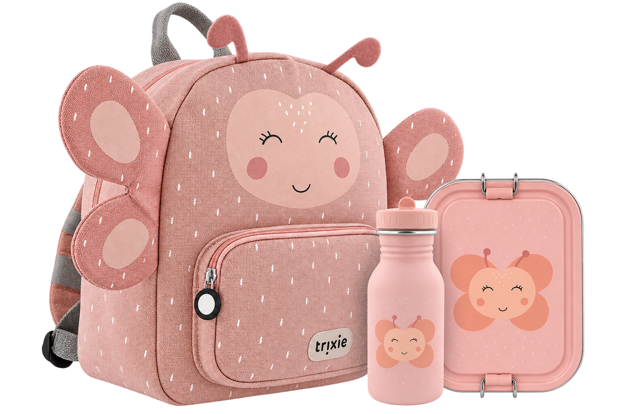 Schulset - Rucksack, Trinkflasche 350ml & Brotdose groß Mrs. Butterfly