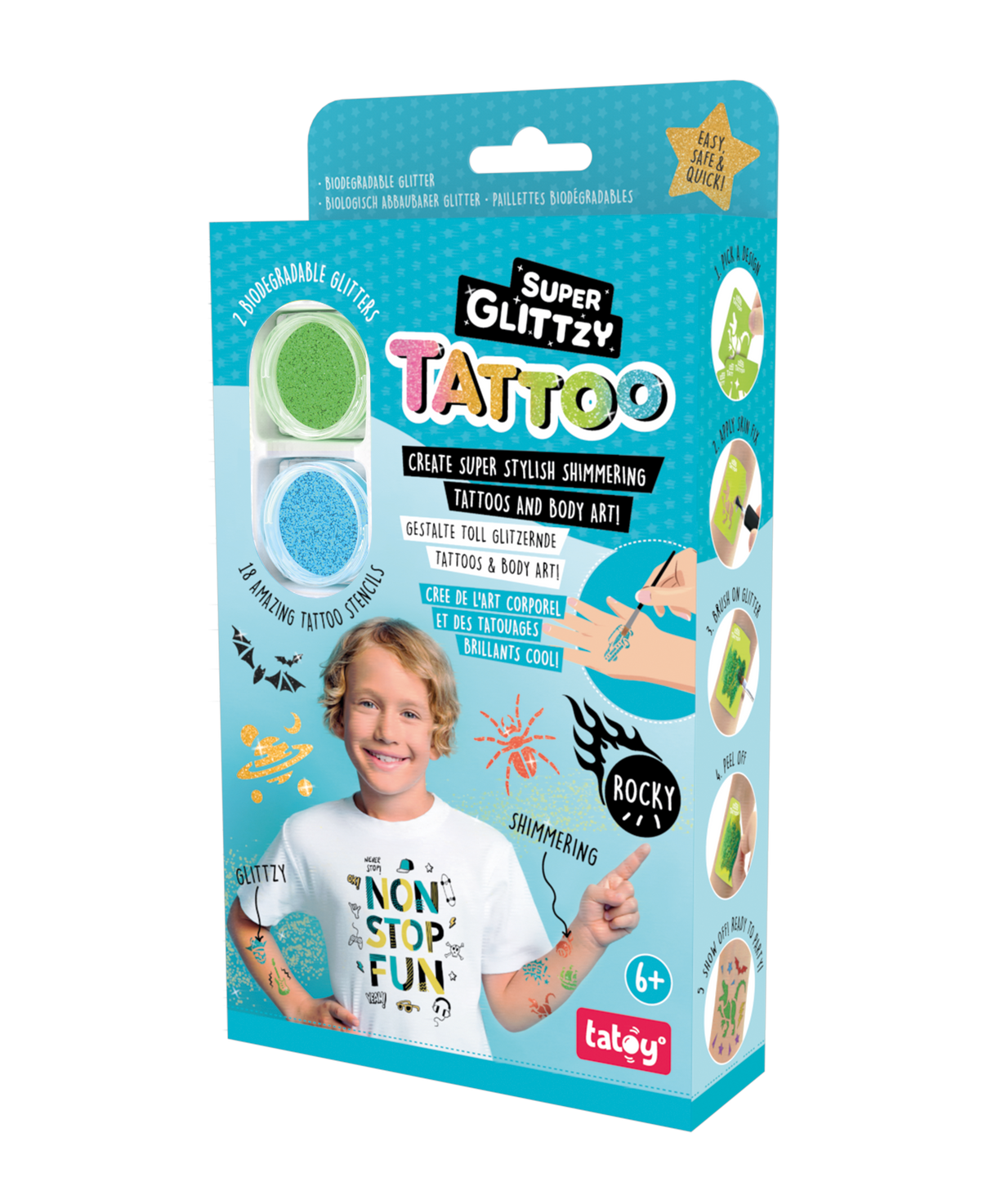 Super Glittzy Tattoo-Set ROCKY with glitter tattoos, stencils, brush, and skin-safe glue for kids