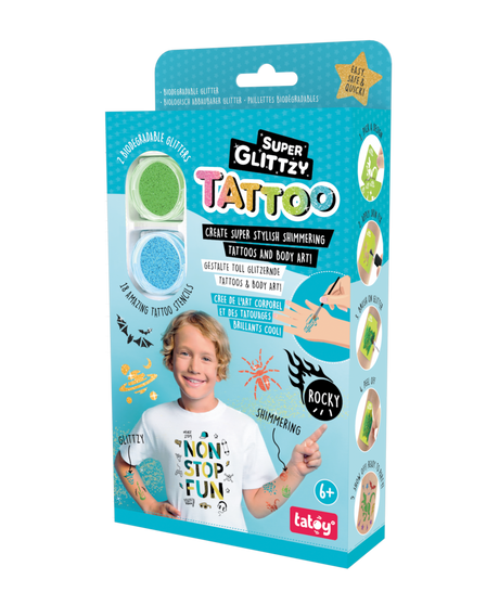 Super Glittzy Tattoo-Set ROCKY with glitter tattoos, stencils, brush, and skin-safe glue for kids