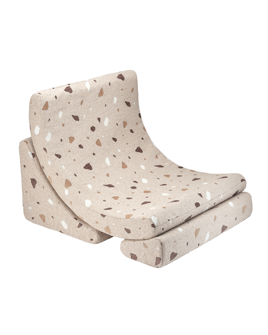 Wigiwama Moon Chair in Terrazzo Sand with sustainable bouclé and chenille fabric, handmade comfort seating.