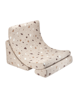 Wigiwama Moon Chair in Terrazzo Sand with sustainable bouclé and chenille fabric, handmade comfort seating.