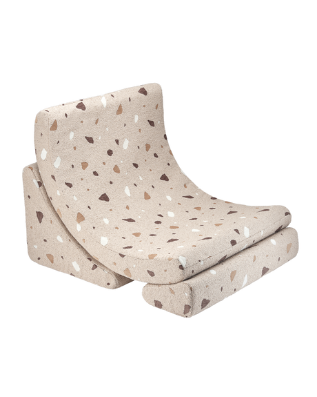 Wigiwama Moon Chair in Terrazzo Sand with sustainable bouclé and chenille fabric, handmade comfort seating.