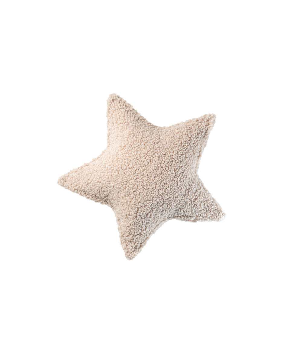 Off white star-shaped plush cushion made of soft teddy fabric, perfect for cozy home decor and relaxation