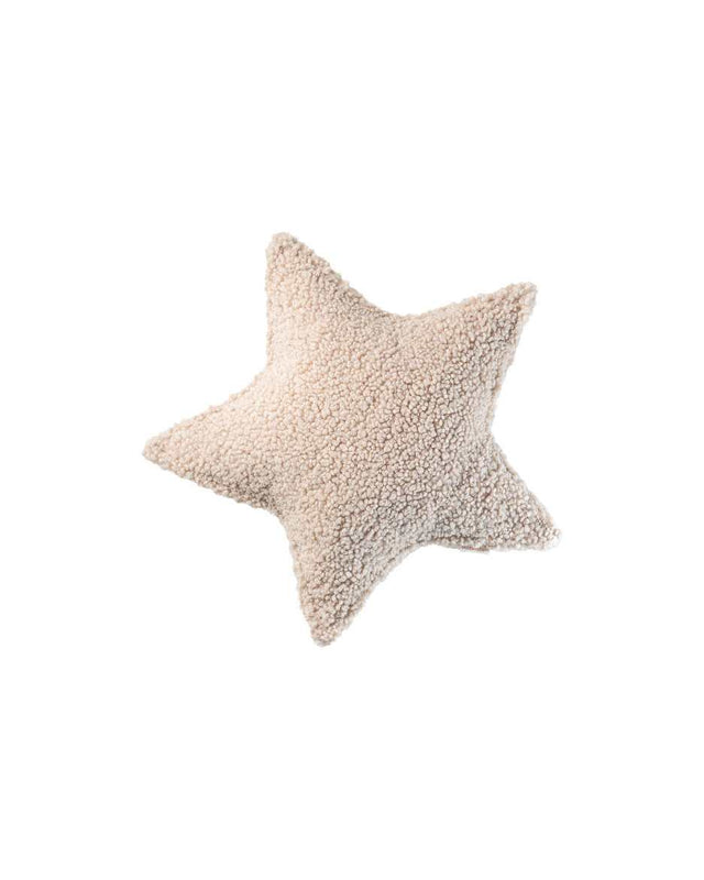 Off white star-shaped plush cushion made of soft teddy fabric, perfect for cozy home decor and relaxation