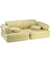 Teddy Settee in matcha green with nine cushions for children's play and relaxation