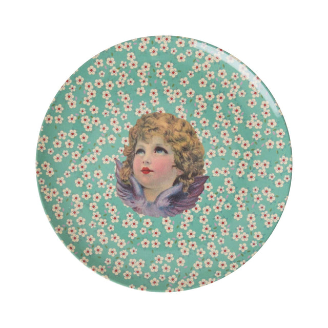 Kinderteller Angel mit grünem Engel-Print auf kariertem Hintergrund, Melamin, spülmaschinengeeignet, 20 cm Durchmesser