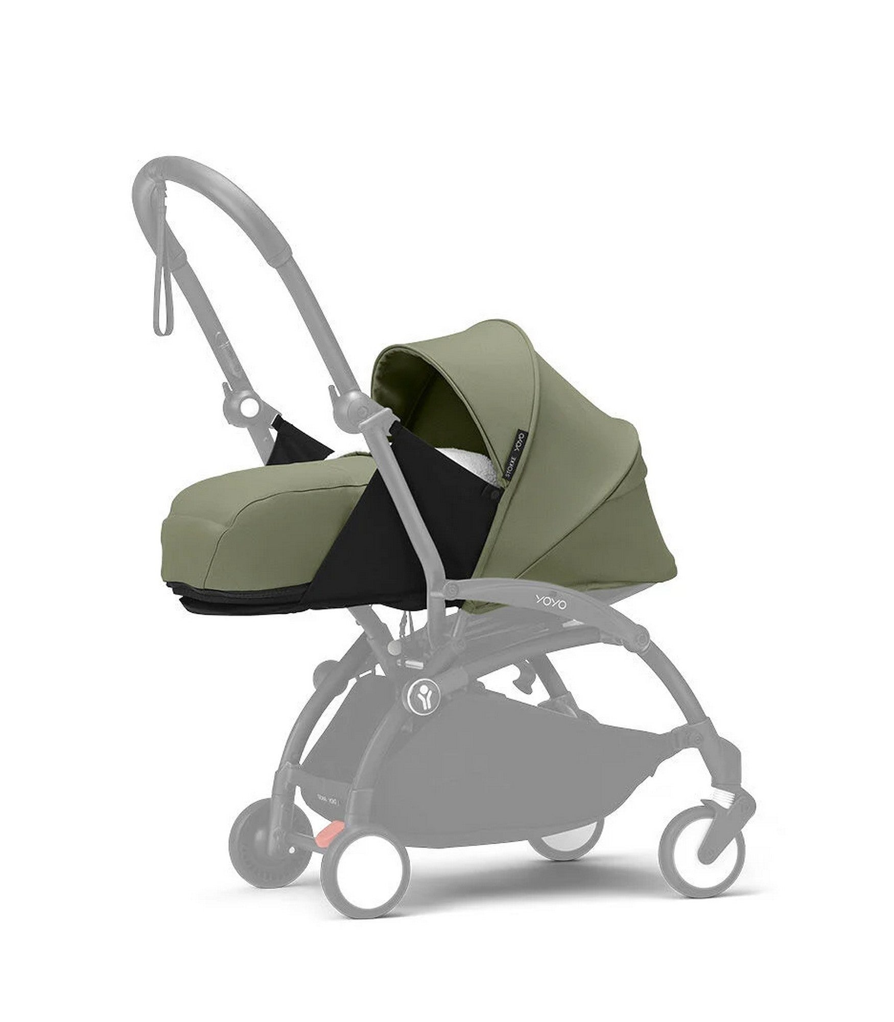 Stokke® YOYO® 0+ Neugeborenen-Set in Olive mit weicher Nestchenauflage und 5-Punkt-Gurt für sichere Babys im Kinderwagen