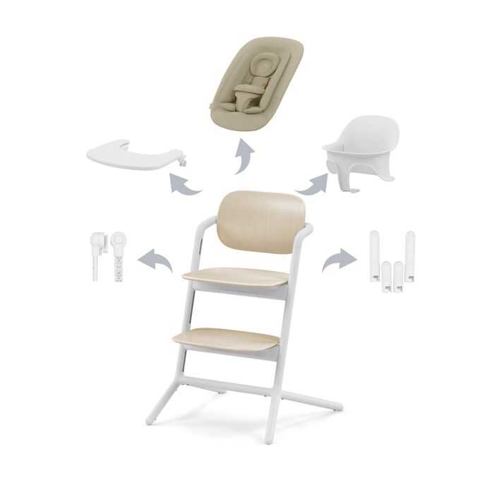LEMO Hochstuhl 4-in-1 SET Sand White mit Babywippe, Babyset und Tablett für neugeborene bis Erwachsene