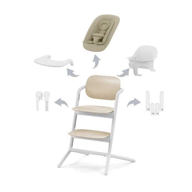 LEMO Hochstuhl 4-in-1 SET Sand White mit Babywippe, Babyset und Tablett für neugeborene bis Erwachsene