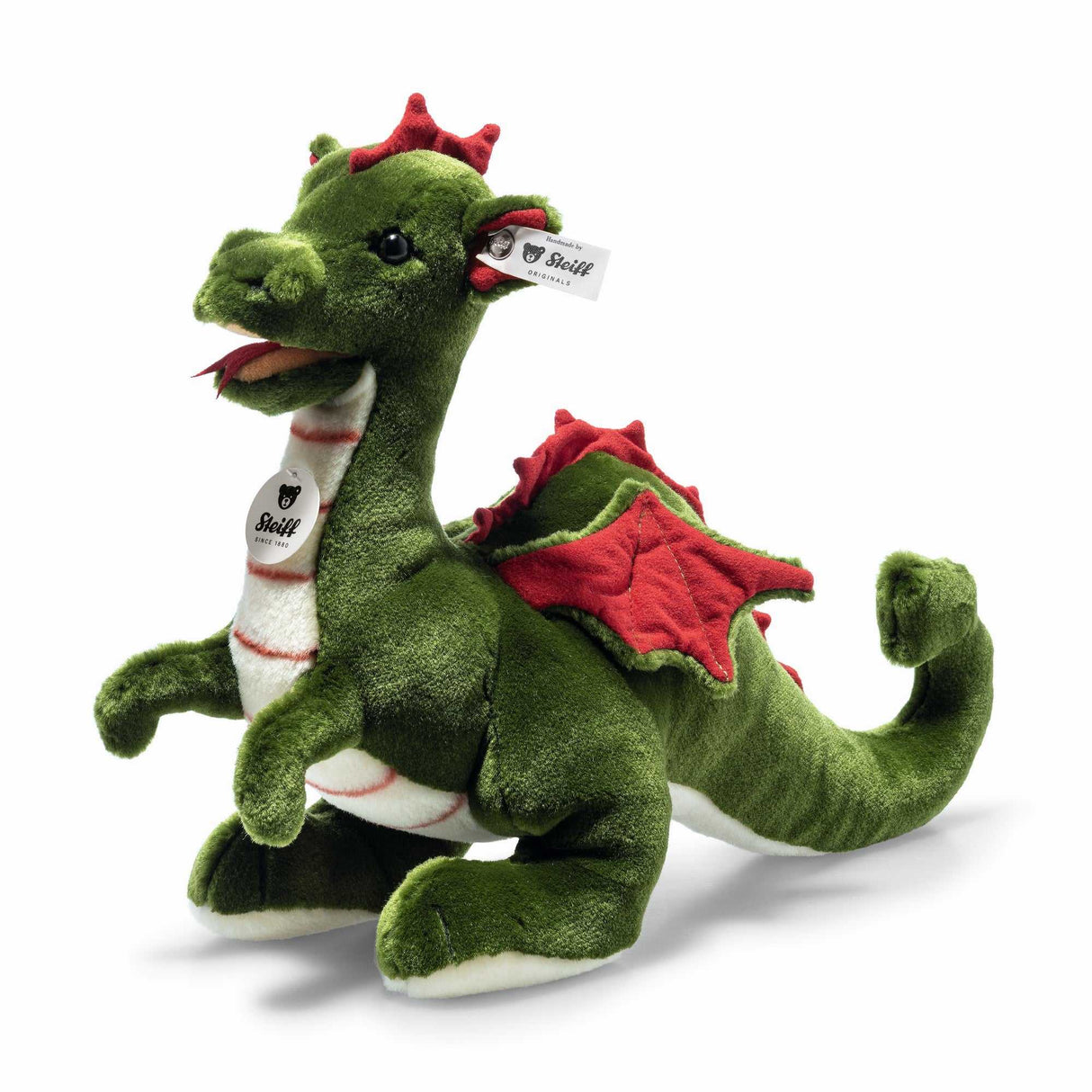 32 cm großer grüner Drache Rocky aus kuschelweichem Plüsch mit roten Flügeln und Zacken von Steiff