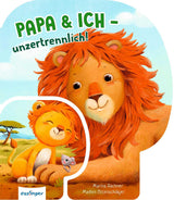 Papa und Baby Löwe umarmen sich liebevoll im Pappebuch Papa & ich - unzertrennlich